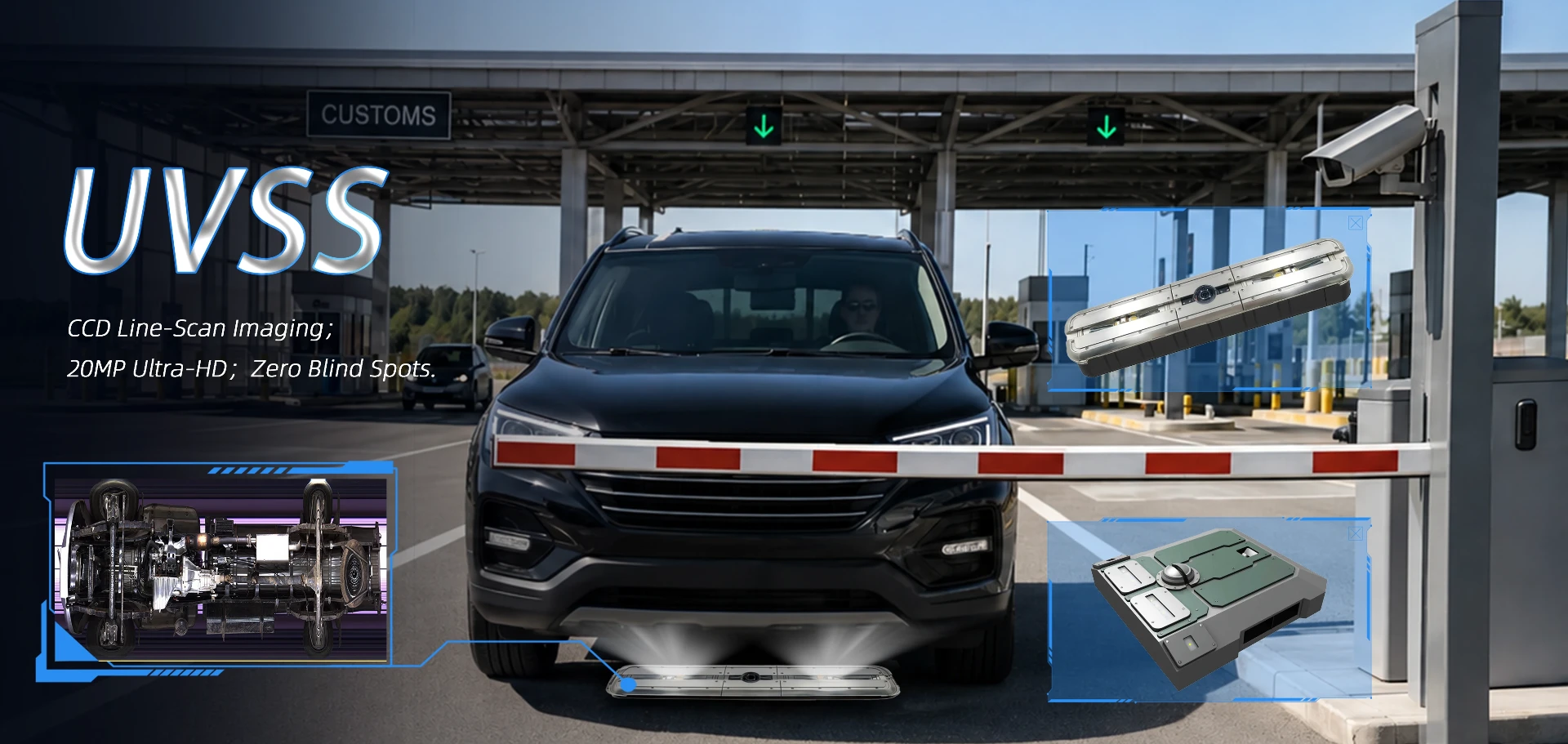 UVSS under vehicle surveillance system with fixed and mobile inspection solutions, CCD line-scan imaging and 20MP ultra-HD imaging